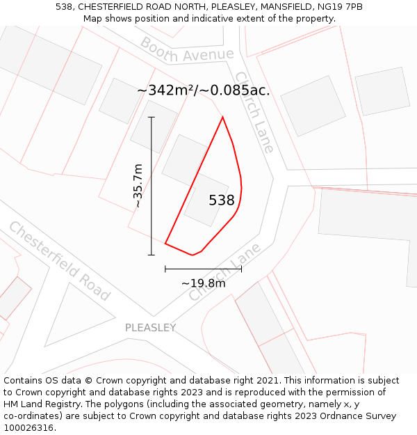 538, CHESTERFIELD ROAD NORTH, PLEASLEY, MANSFIELD, NG19 7PB: Plot and title map