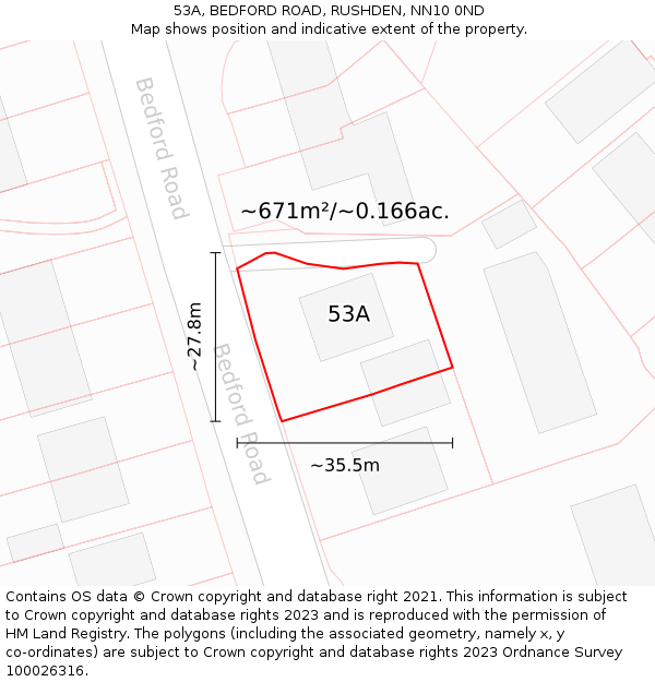 53A, BEDFORD ROAD, RUSHDEN, NN10 0ND: Plot and title map