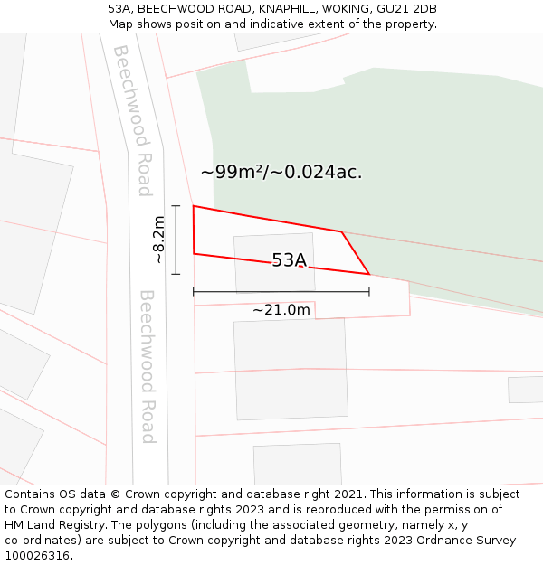 53A, BEECHWOOD ROAD, KNAPHILL, WOKING, GU21 2DB: Plot and title map