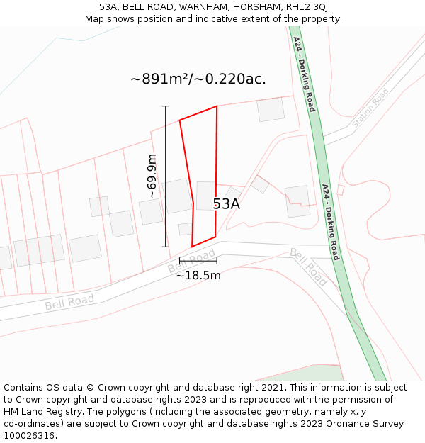 53A, BELL ROAD, WARNHAM, HORSHAM, RH12 3QJ: Plot and title map