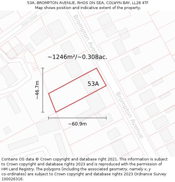 53A, BROMPTON AVENUE, RHOS ON SEA, COLWYN BAY, LL28 4TF: Plot and title map