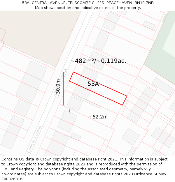 53A, CENTRAL AVENUE, TELSCOMBE CLIFFS, PEACEHAVEN, BN10 7NB: Plot and title map