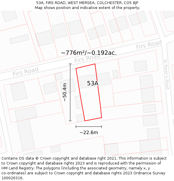 53A, FIRS ROAD, WEST MERSEA, COLCHESTER, CO5 8JP: Plot and title map