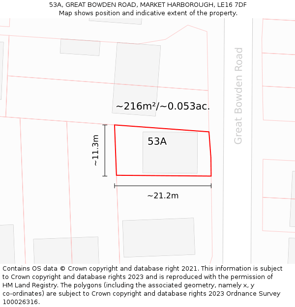 53A, GREAT BOWDEN ROAD, MARKET HARBOROUGH, LE16 7DF: Plot and title map
