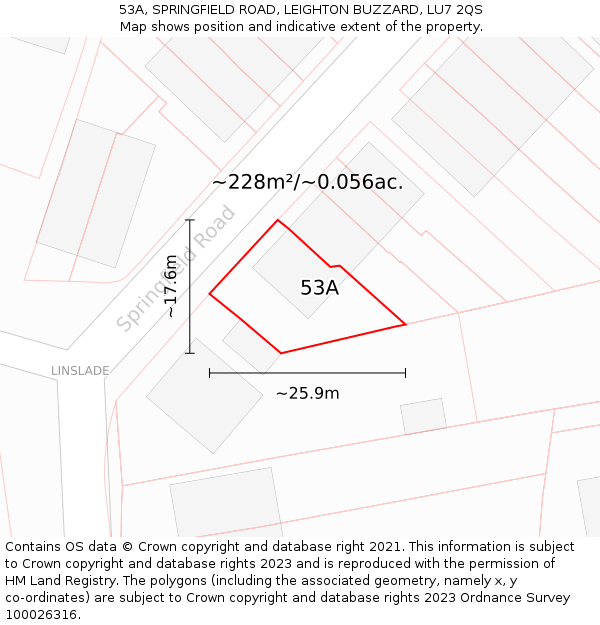 53A, SPRINGFIELD ROAD, LEIGHTON BUZZARD, LU7 2QS: Plot and title map