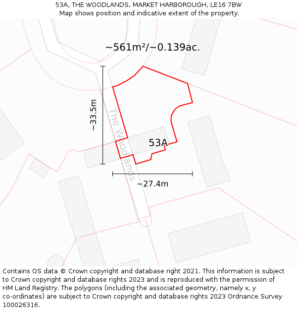 53A, THE WOODLANDS, MARKET HARBOROUGH, LE16 7BW: Plot and title map