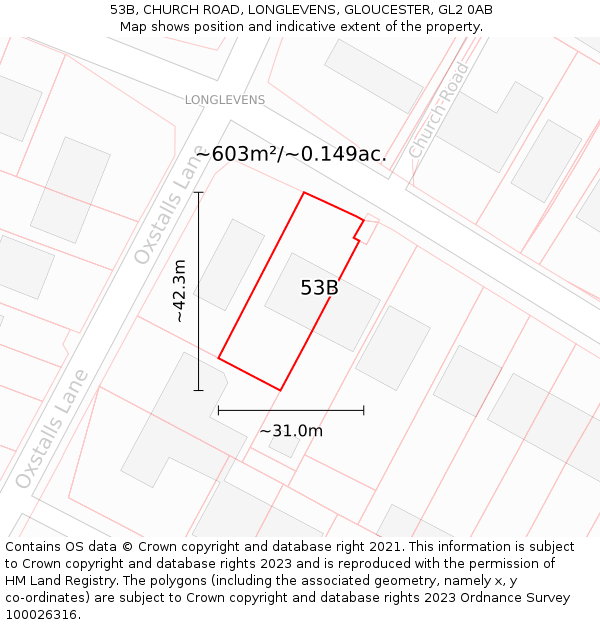 53B, CHURCH ROAD, LONGLEVENS, GLOUCESTER, GL2 0AB: Plot and title map