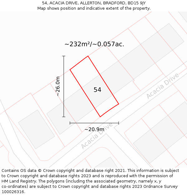 54, ACACIA DRIVE, ALLERTON, BRADFORD, BD15 9JY: Plot and title map