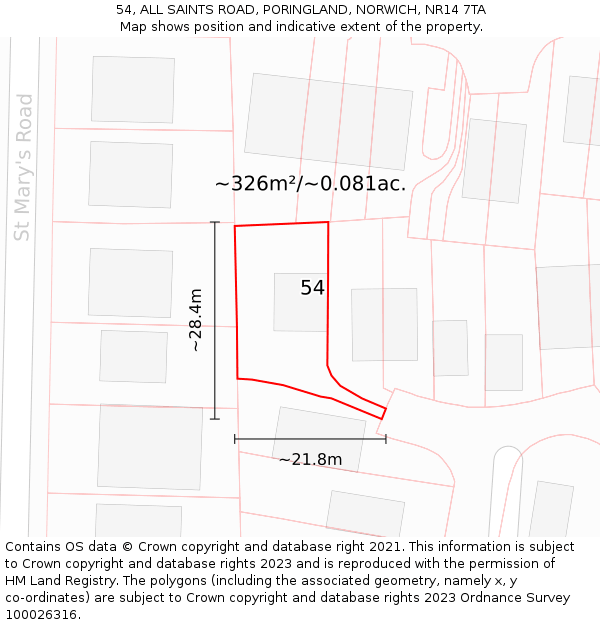 54, ALL SAINTS ROAD, PORINGLAND, NORWICH, NR14 7TA: Plot and title map