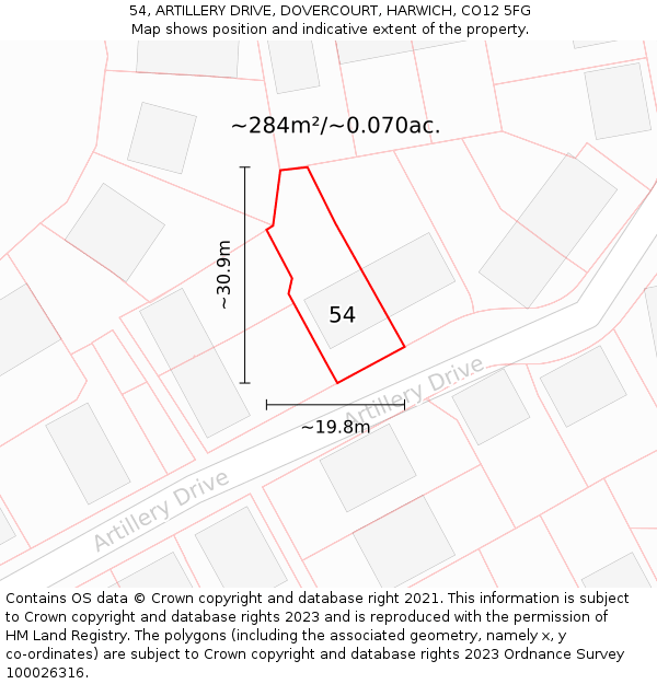 54, ARTILLERY DRIVE, DOVERCOURT, HARWICH, CO12 5FG: Plot and title map