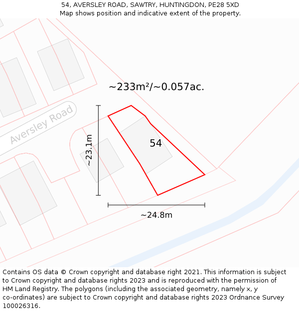 54, AVERSLEY ROAD, SAWTRY, HUNTINGDON, PE28 5XD: Plot and title map