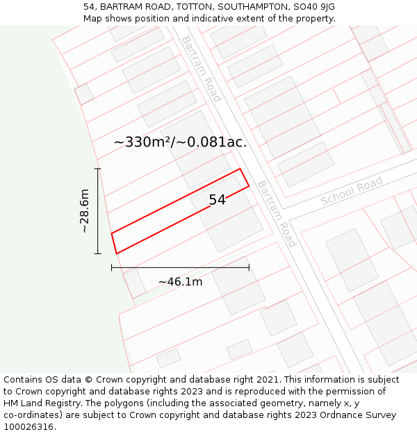 54, BARTRAM ROAD, TOTTON, SOUTHAMPTON, SO40 9JG: Plot and title map