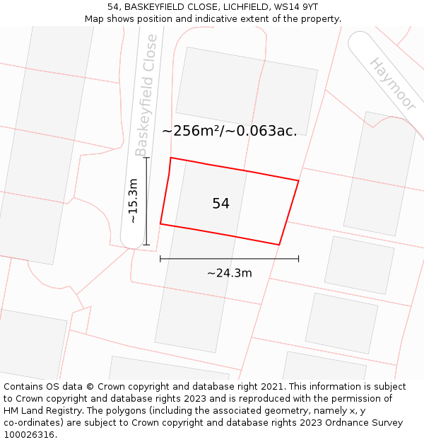 54, BASKEYFIELD CLOSE, LICHFIELD, WS14 9YT: Plot and title map