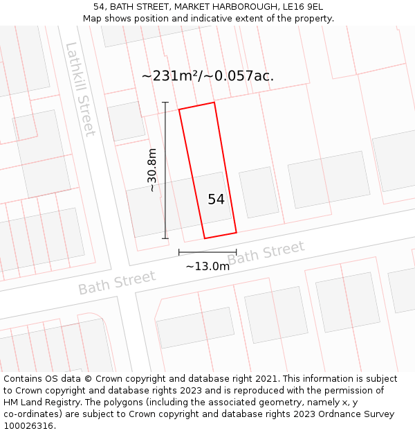 54, BATH STREET, MARKET HARBOROUGH, LE16 9EL: Plot and title map