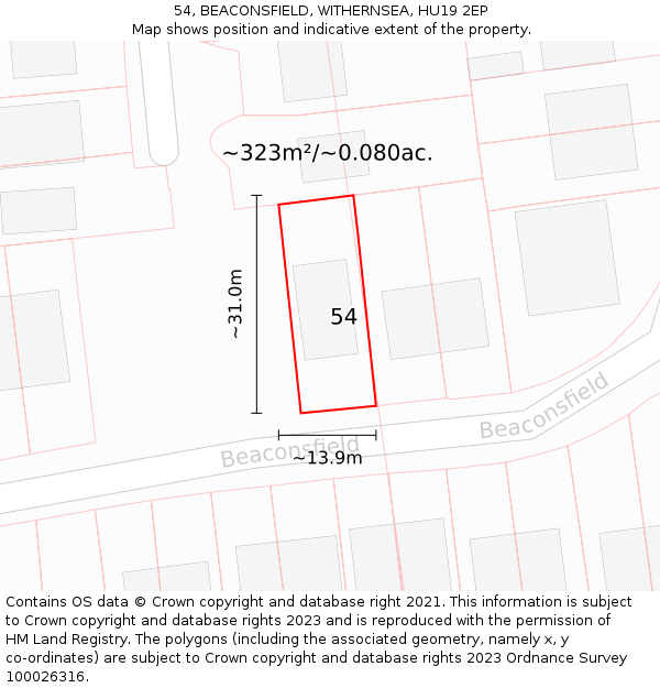 54, BEACONSFIELD, WITHERNSEA, HU19 2EP: Plot and title map