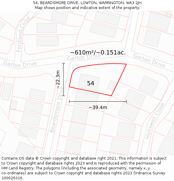 54, BEARDSMORE DRIVE, LOWTON, WARRINGTON, WA3 2JH: Plot and title map