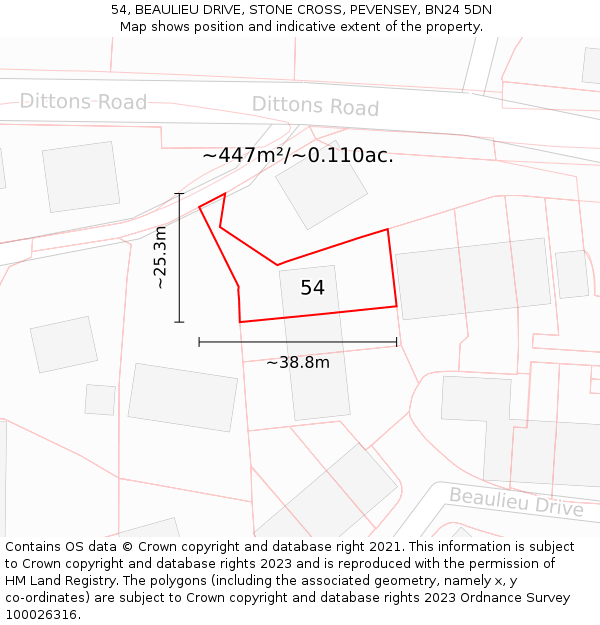 54, BEAULIEU DRIVE, STONE CROSS, PEVENSEY, BN24 5DN: Plot and title map
