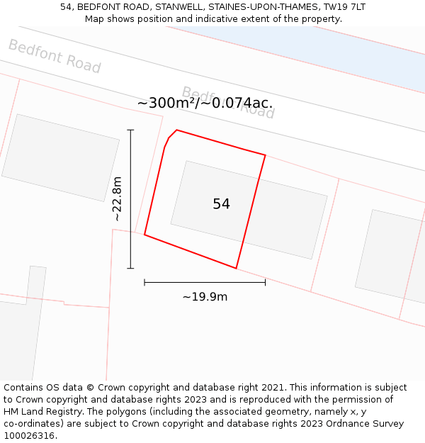 54, BEDFONT ROAD, STANWELL, STAINES-UPON-THAMES, TW19 7LT: Plot and title map