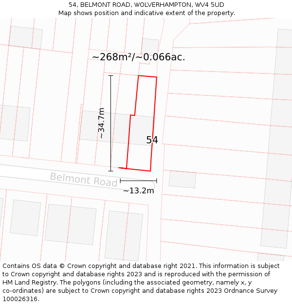 54, BELMONT ROAD, WOLVERHAMPTON, WV4 5UD: Plot and title map