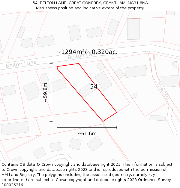 54, BELTON LANE, GREAT GONERBY, GRANTHAM, NG31 8NA: Plot and title map