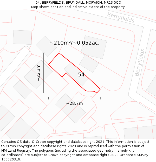 54, BERRYFIELDS, BRUNDALL, NORWICH, NR13 5QQ: Plot and title map