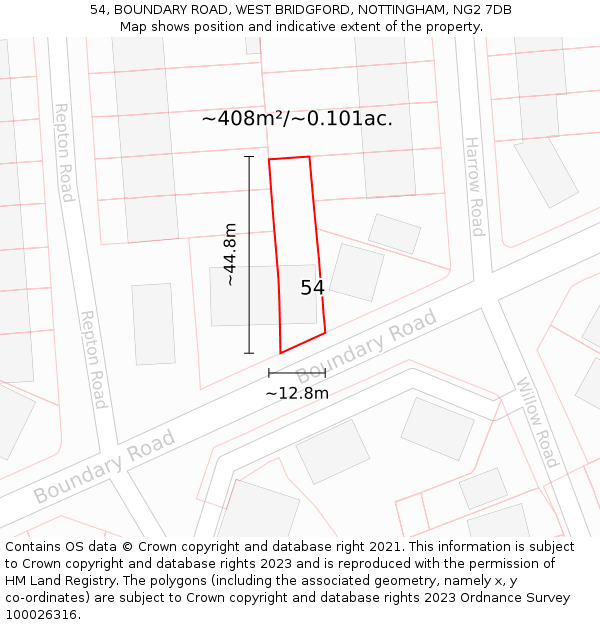 54, BOUNDARY ROAD, WEST BRIDGFORD, NOTTINGHAM, NG2 7DB: Plot and title map