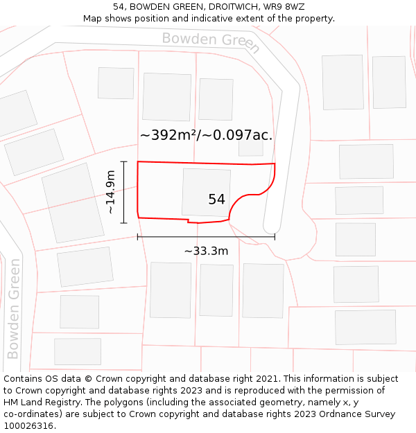 54, BOWDEN GREEN, DROITWICH, WR9 8WZ: Plot and title map