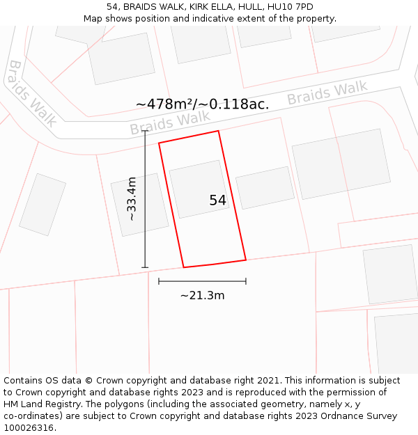 54, BRAIDS WALK, KIRK ELLA, HULL, HU10 7PD: Plot and title map
