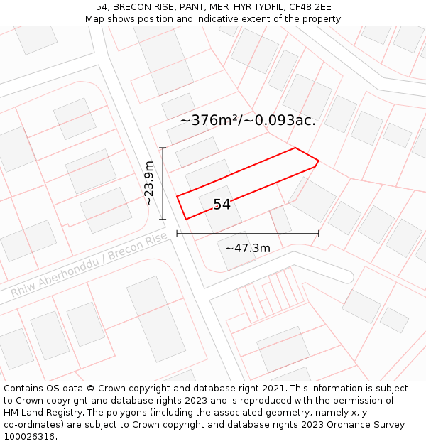 54, BRECON RISE, PANT, MERTHYR TYDFIL, CF48 2EE: Plot and title map