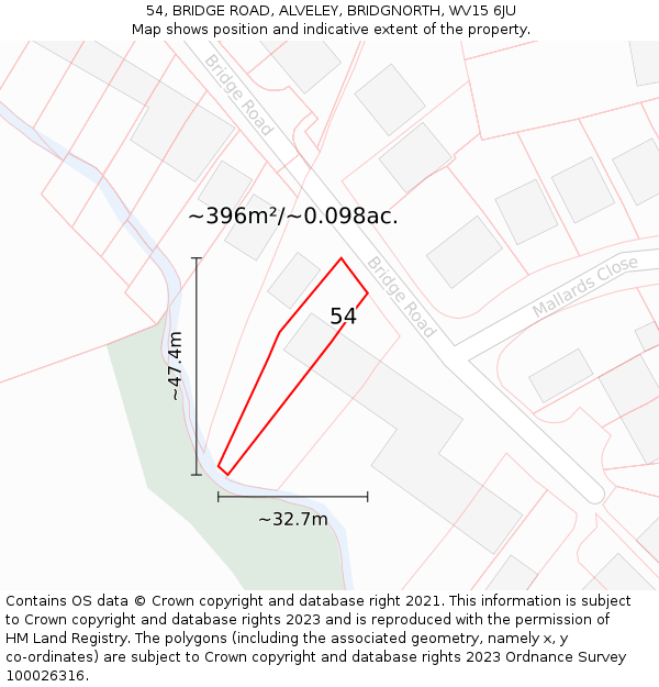 54, BRIDGE ROAD, ALVELEY, BRIDGNORTH, WV15 6JU: Plot and title map