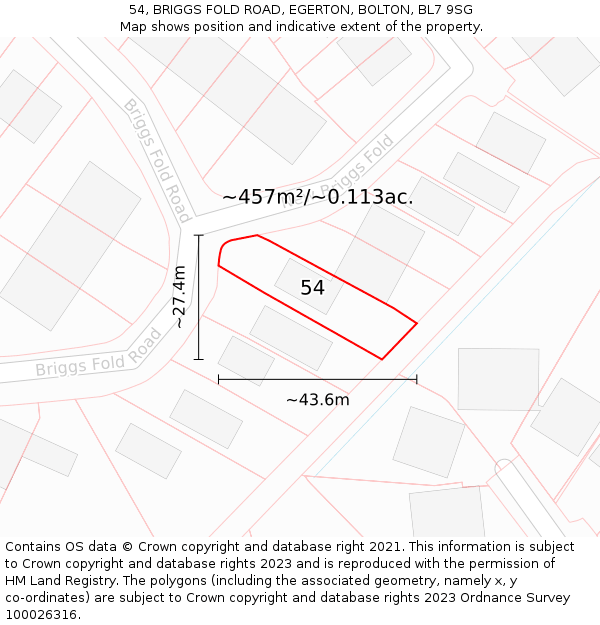 54, BRIGGS FOLD ROAD, EGERTON, BOLTON, BL7 9SG: Plot and title map