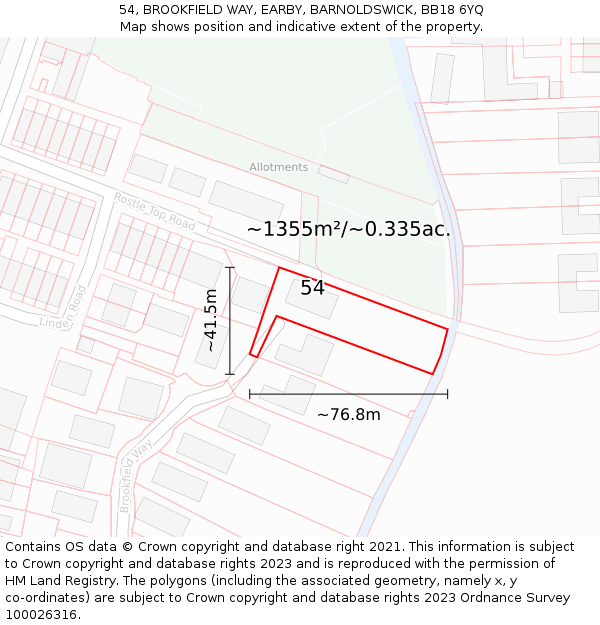 54, BROOKFIELD WAY, EARBY, BARNOLDSWICK, BB18 6YQ: Plot and title map