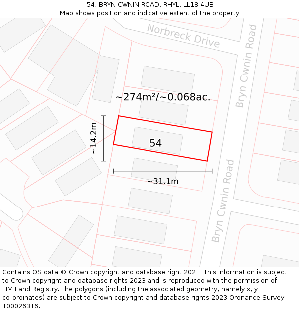 54, BRYN CWNIN ROAD, RHYL, LL18 4UB: Plot and title map