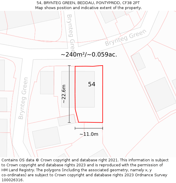 54, BRYNTEG GREEN, BEDDAU, PONTYPRIDD, CF38 2PT: Plot and title map