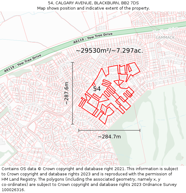 54, CALGARY AVENUE, BLACKBURN, BB2 7DS: Plot and title map