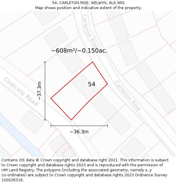 54, CARLETON RISE, WELWYN, AL6 9RG: Plot and title map