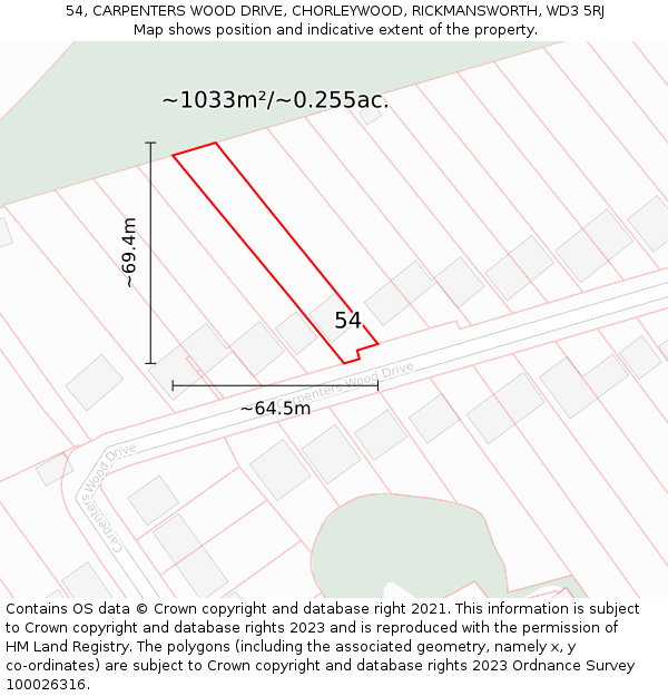 54, CARPENTERS WOOD DRIVE, CHORLEYWOOD, RICKMANSWORTH, WD3 5RJ: Plot and title map