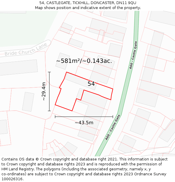 54, CASTLEGATE, TICKHILL, DONCASTER, DN11 9QU: Plot and title map