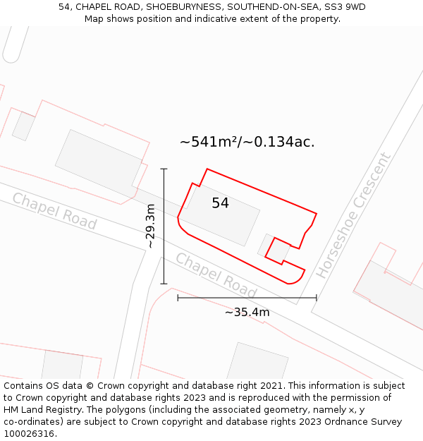 54, CHAPEL ROAD, SHOEBURYNESS, SOUTHEND-ON-SEA, SS3 9WD: Plot and title map