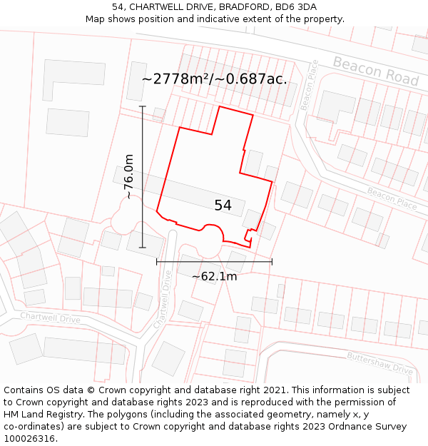 54, CHARTWELL DRIVE, BRADFORD, BD6 3DA: Plot and title map