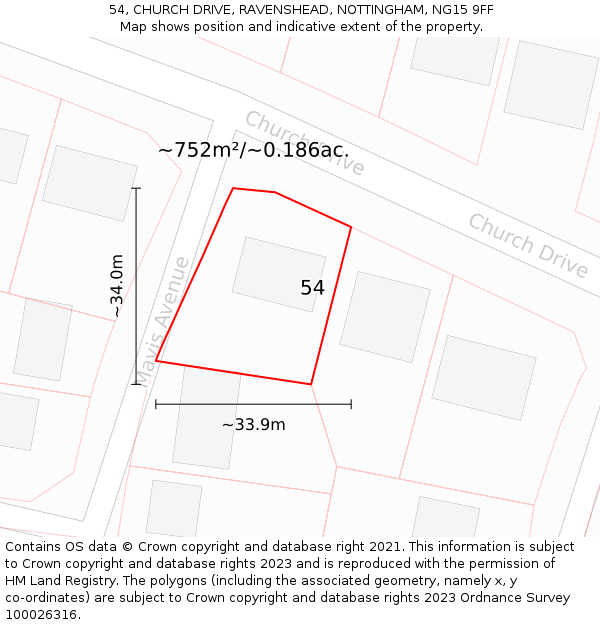 54, CHURCH DRIVE, RAVENSHEAD, NOTTINGHAM, NG15 9FF: Plot and title map