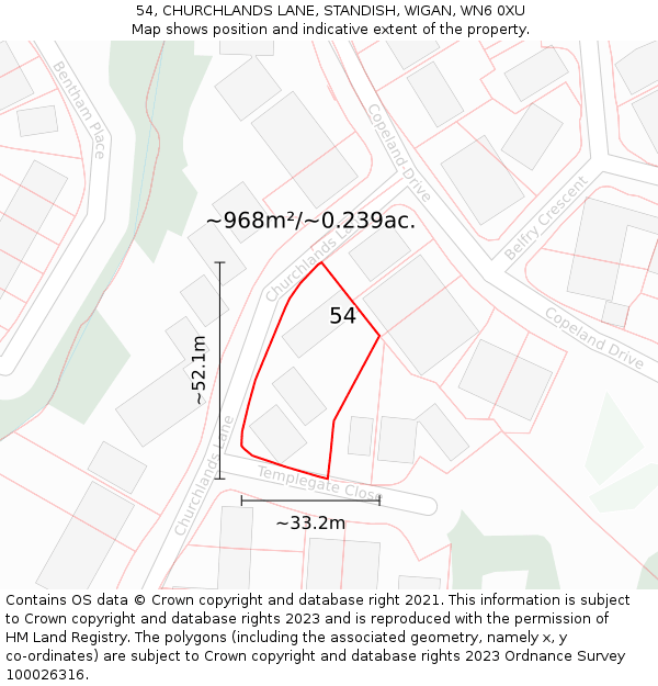 54, CHURCHLANDS LANE, STANDISH, WIGAN, WN6 0XU: Plot and title map