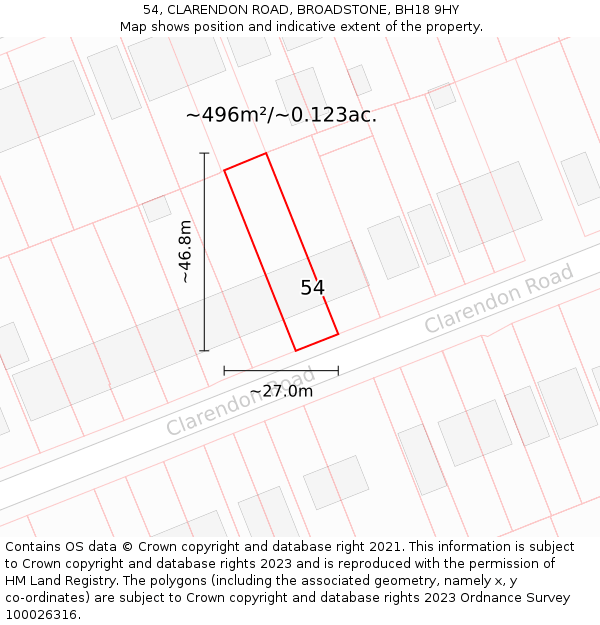 54, CLARENDON ROAD, BROADSTONE, BH18 9HY: Plot and title map