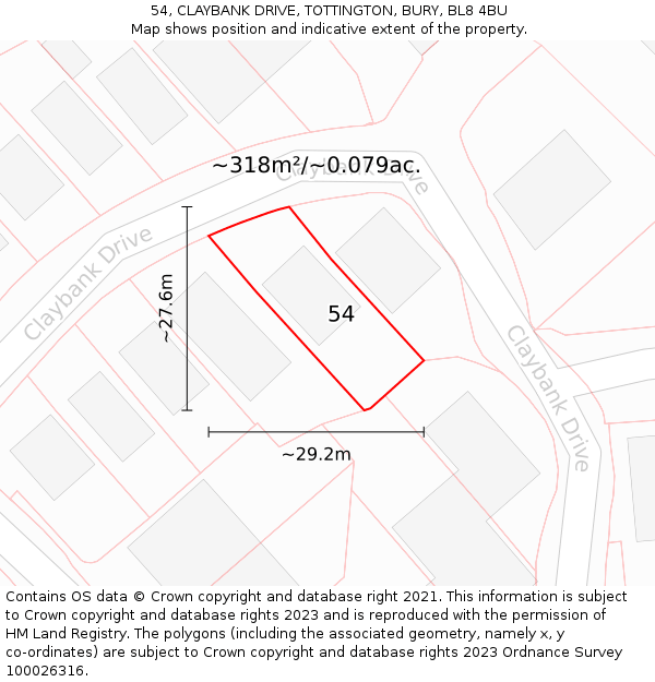 54, CLAYBANK DRIVE, TOTTINGTON, BURY, BL8 4BU: Plot and title map