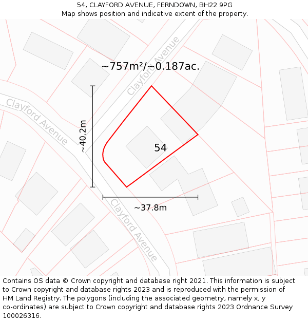 54, CLAYFORD AVENUE, FERNDOWN, BH22 9PG: Plot and title map