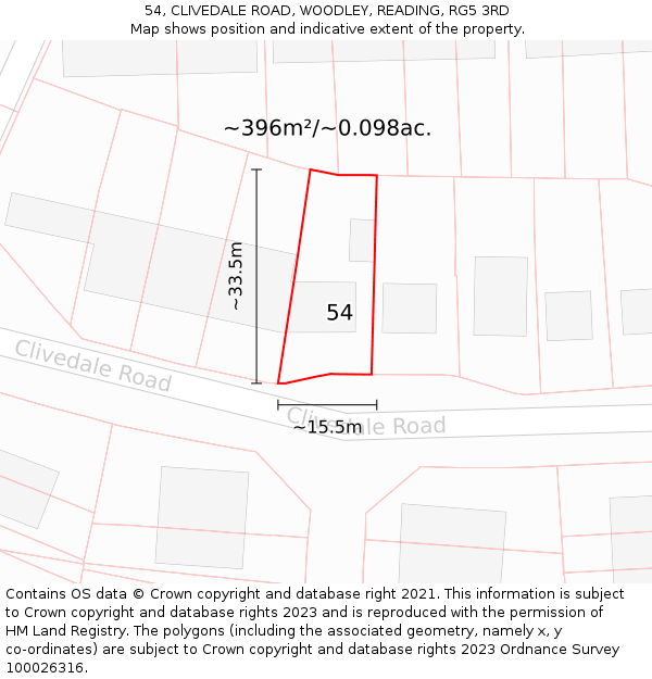 54, CLIVEDALE ROAD, WOODLEY, READING, RG5 3RD: Plot and title map