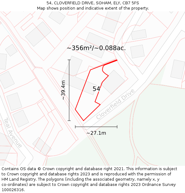 54, CLOVERFIELD DRIVE, SOHAM, ELY, CB7 5FS: Plot and title map