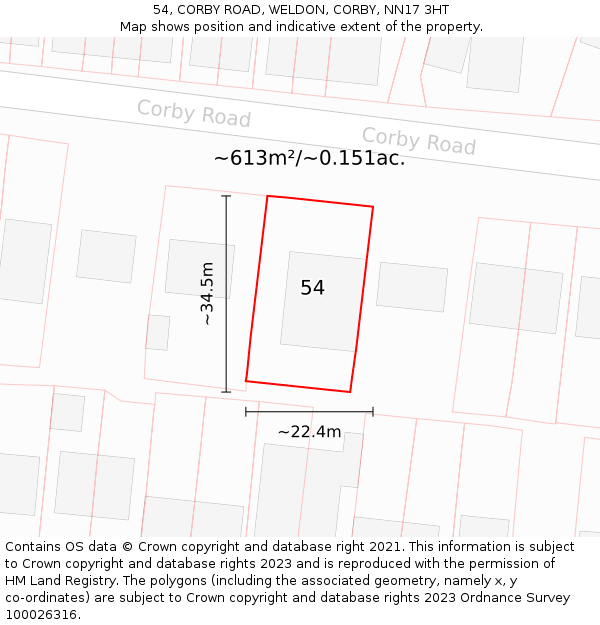 54, CORBY ROAD, WELDON, CORBY, NN17 3HT: Plot and title map