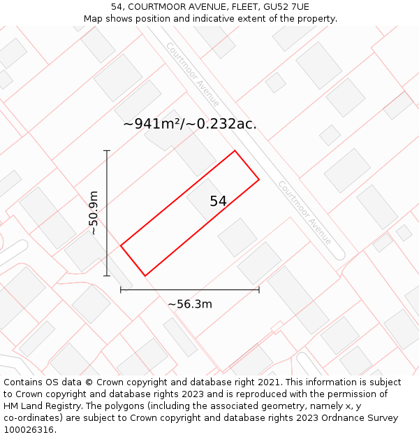 54, COURTMOOR AVENUE, FLEET, GU52 7UE: Plot and title map