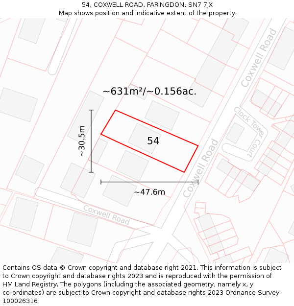 54, COXWELL ROAD, FARINGDON, SN7 7JX: Plot and title map